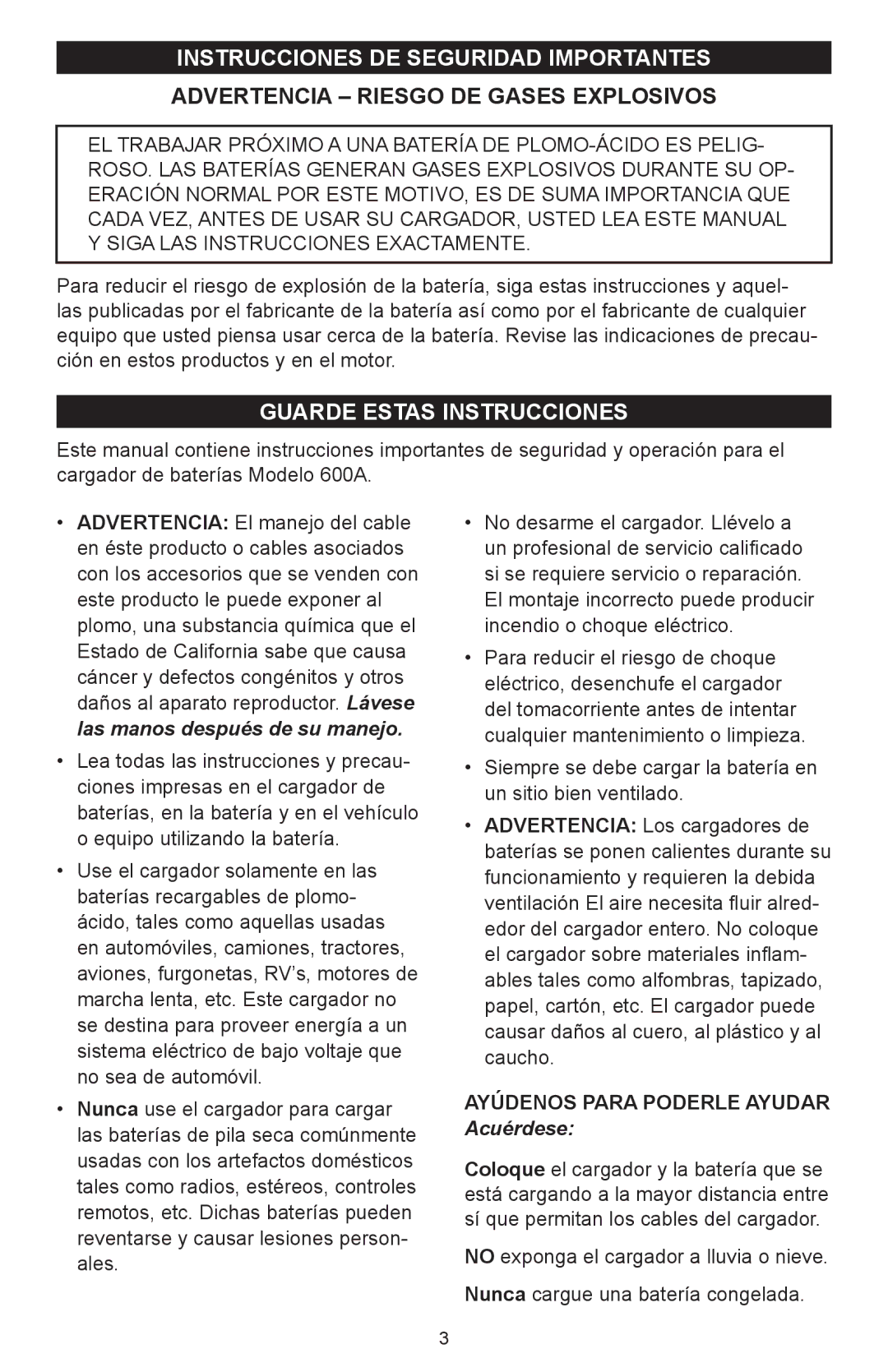 Schumacher 600A Instrucciones de Seguridad Importantes, Guarde Estas Instrucciones, Ayúdenos Para Poderle Ayudar 