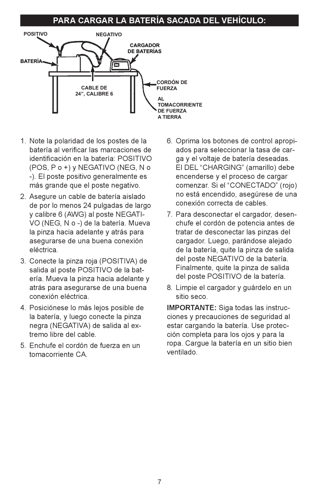 Schumacher 600A owner manual Para Cargar LA Batería Sacada DEL Vehículo 