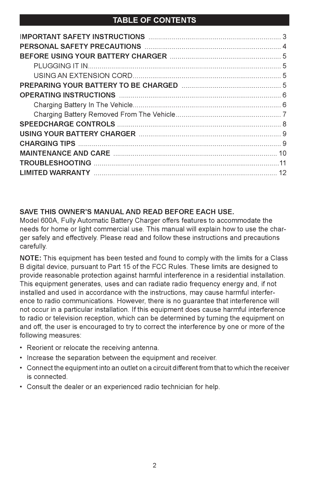 Schumacher 600A owner manual Table of Contents 