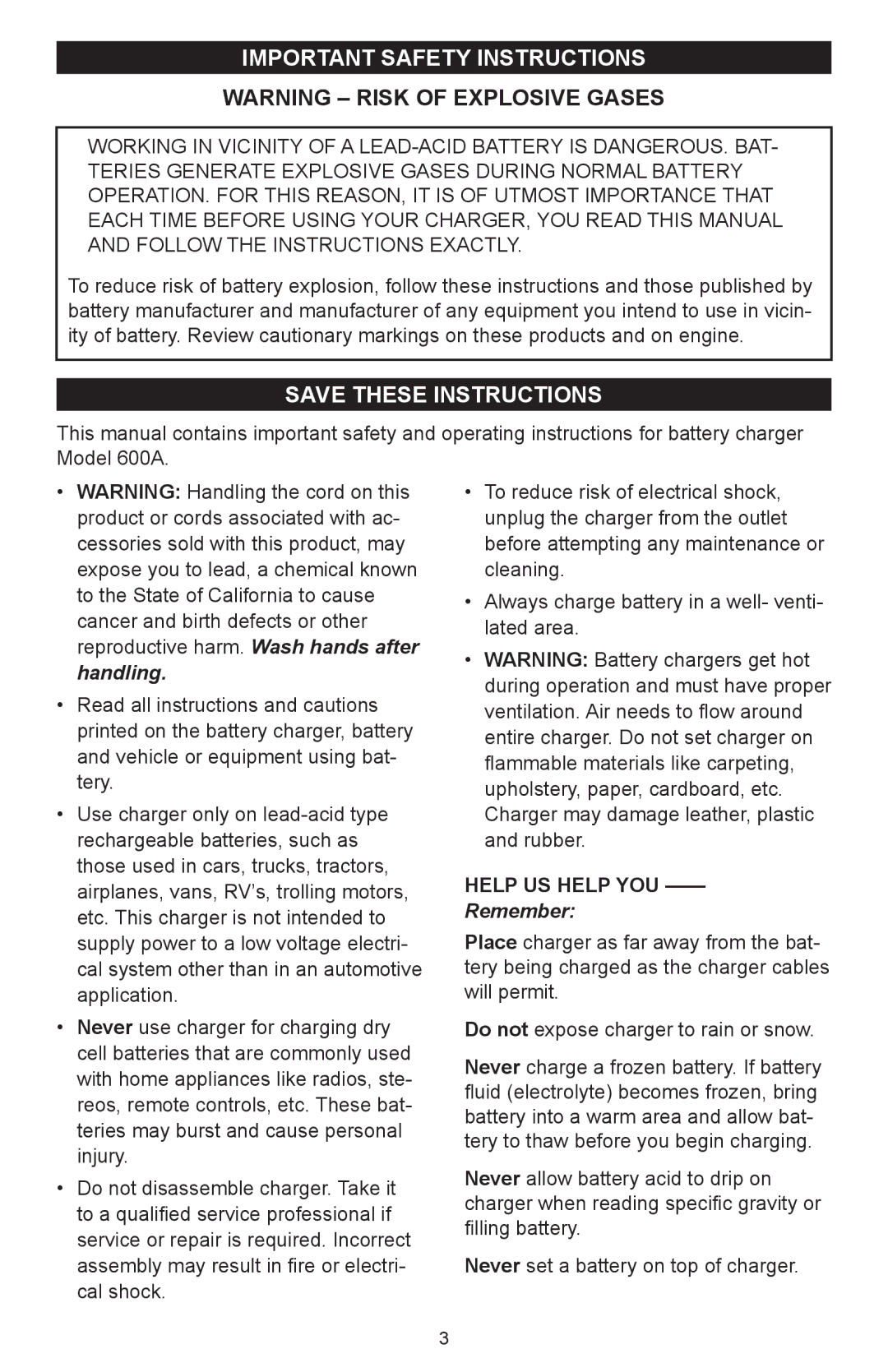 Schumacher 600A owner manual Important Safety Instructions, Help us help you 