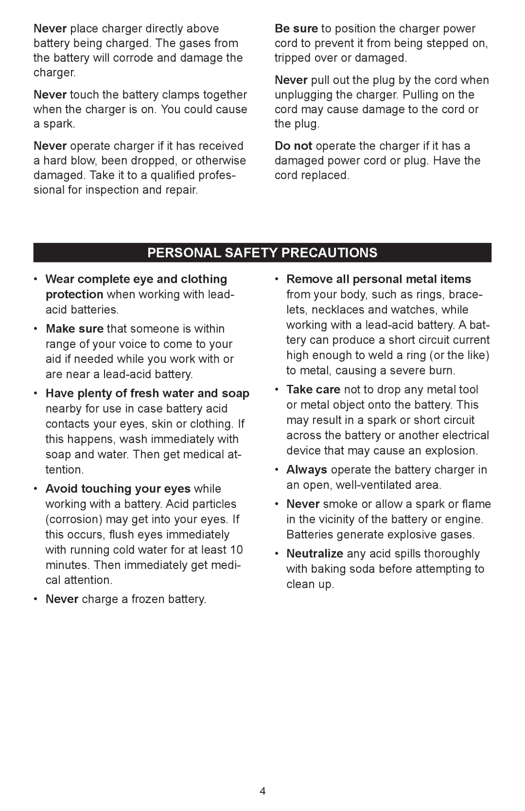 Schumacher 600A owner manual Personal Safety Precautions 