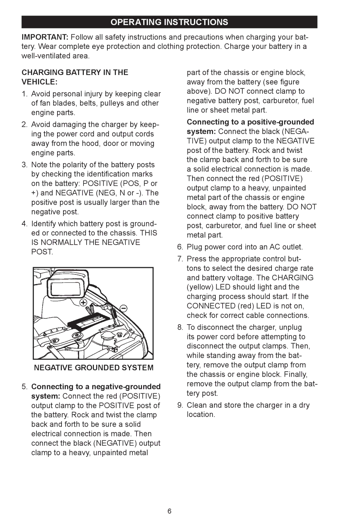 Schumacher 600A owner manual Operating instructions, Charging Battery In The Vehicle, Negative Grounded System 