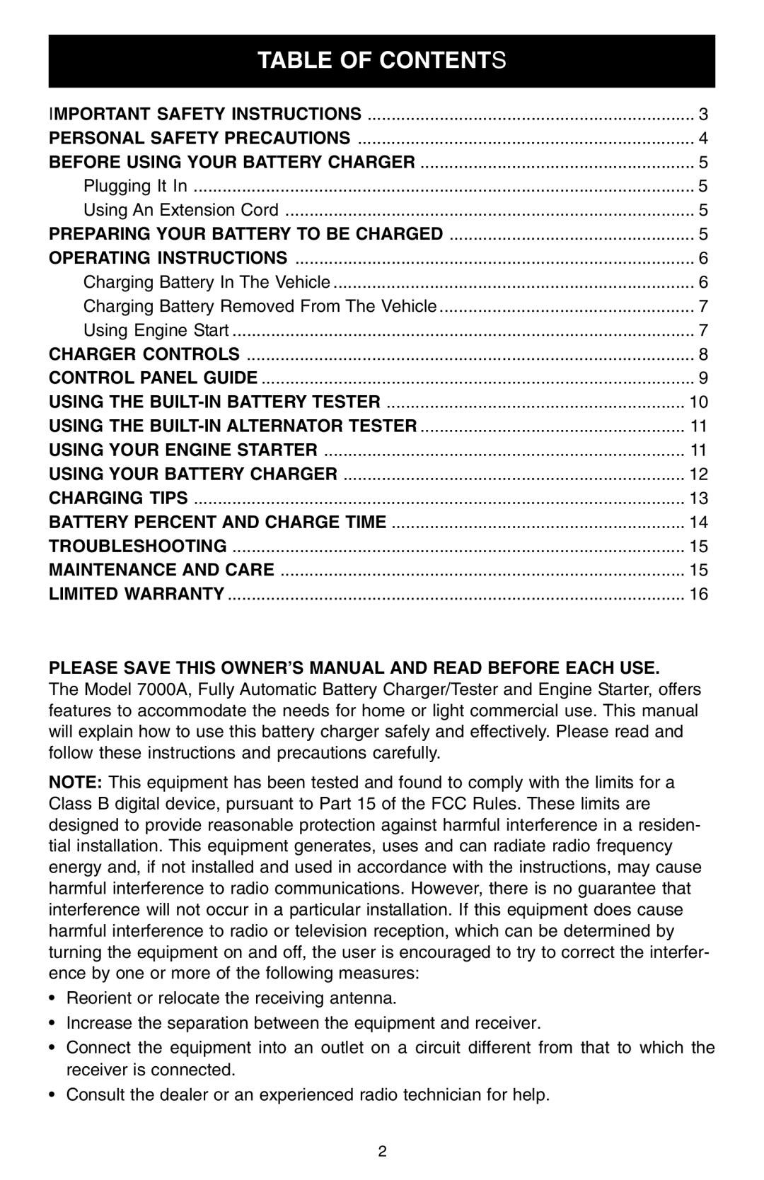 Schumacher 7000A owner manual Table of Contents 