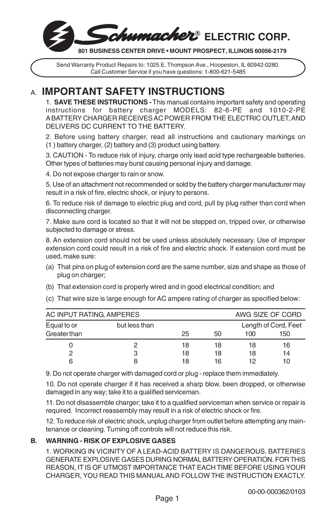 Schumacher 1010-2-PE, 82-6-PE important safety instructions Electric Corp 