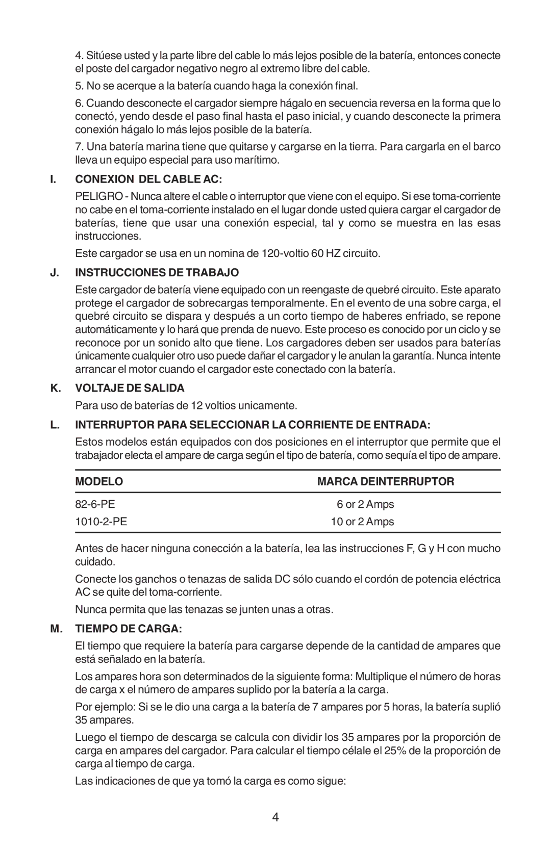 Schumacher 82-6-PE Conexion DEL Cable AC, Instrucciones DE Trabajo, Voltaje DE Salida, Modelo Marca Deinterruptor 