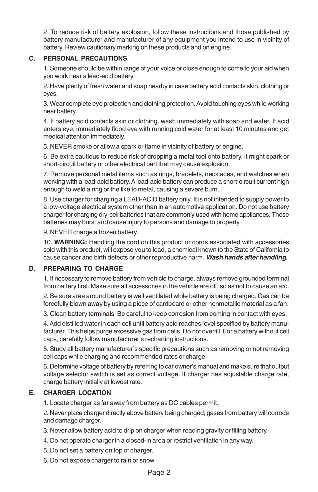 Schumacher 82-6-PE, 1010-2-PE important safety instructions Personal Precautions, Preparing to Charge, Charger Location 