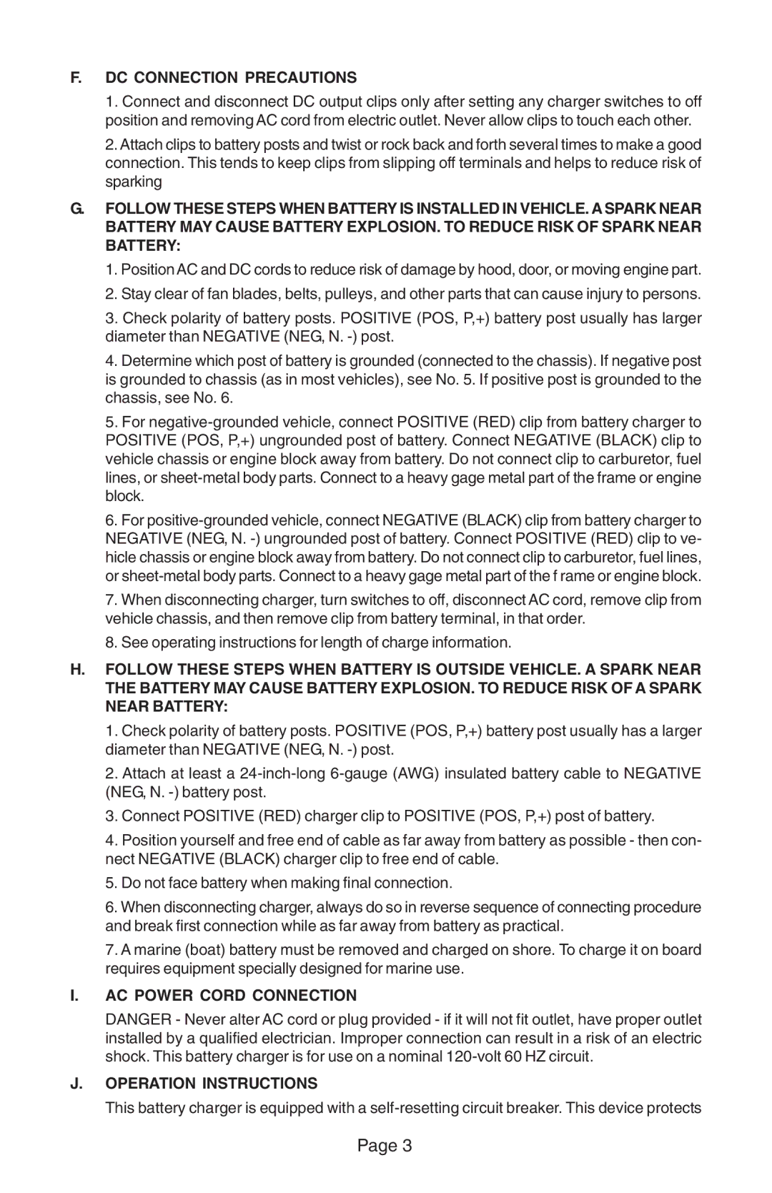 Schumacher 1010-2-PE, 82-6-PE DC Connection Precautions, AC Power Cord Connection Operation Instructions 