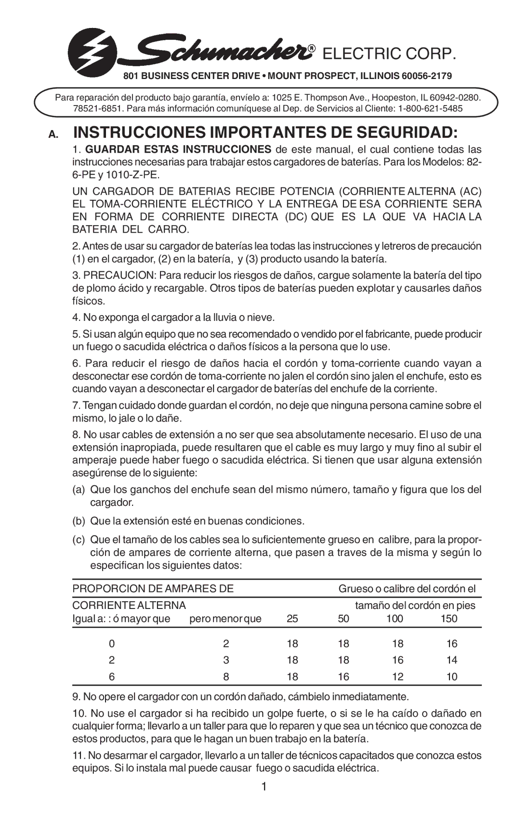 Schumacher 1010-2-PE, 82-6-PE important safety instructions Instrucciones Importantes DE Seguridad 