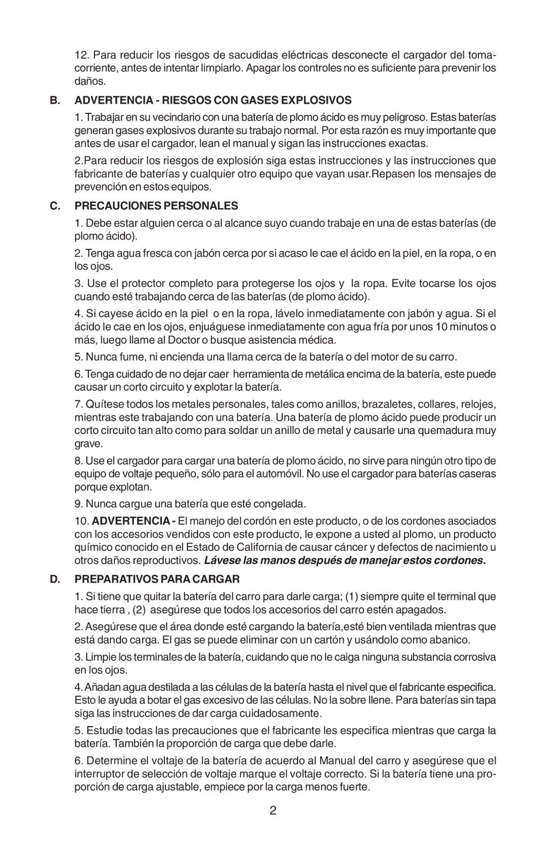 Schumacher 82-6-PE, 1010-2-PE Advertencia Riesgos CON Gases Explosivos, Precauciones Personales, Preparativos Para Cargar 