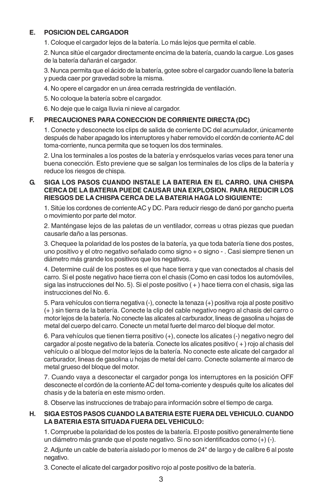 Schumacher 1010-2-PE, 82-6-PE Posicion DEL Cargador, Precauciones Para Coneccion DE Corriente Directa DC 