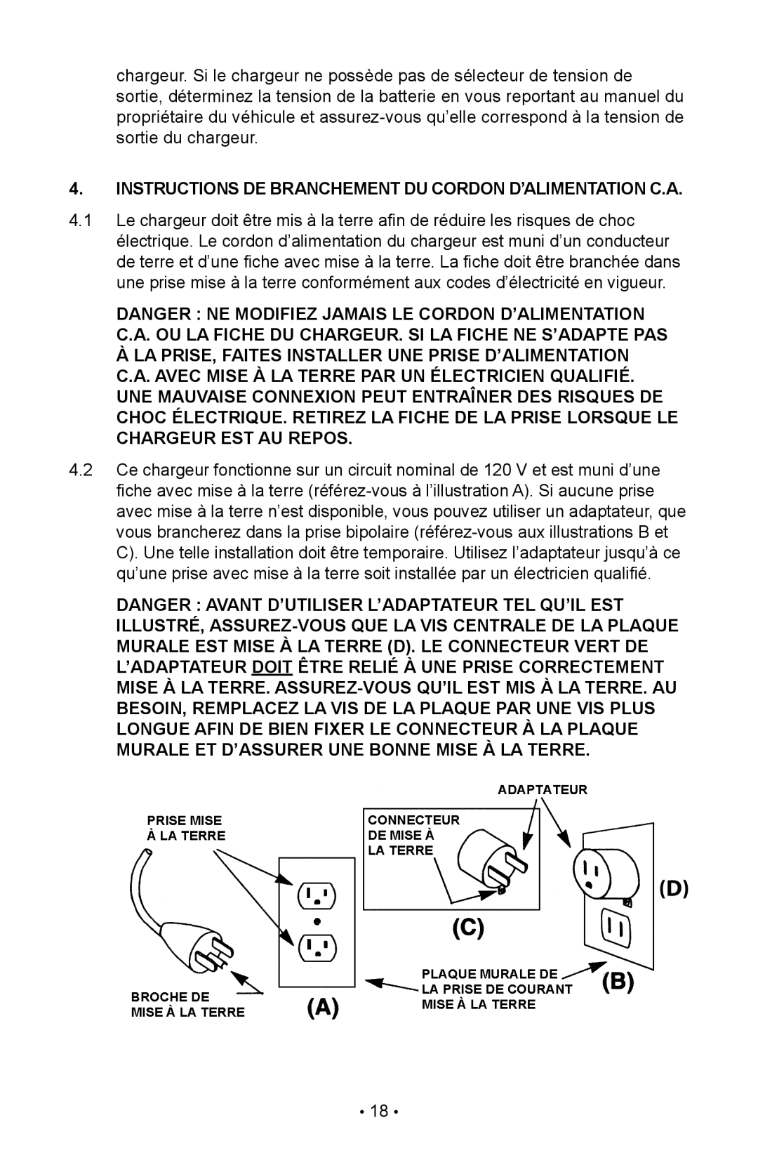 Schumacher 85-716 instruction manual Instructions DE Branchement DU Cordon D’ALIMENTATION C.A 