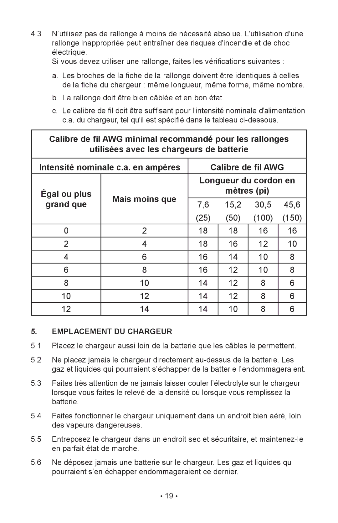 Schumacher 85-716 instruction manual La rallonge doit être bien câblée et en bon état, Emplacement DU Chargeur 