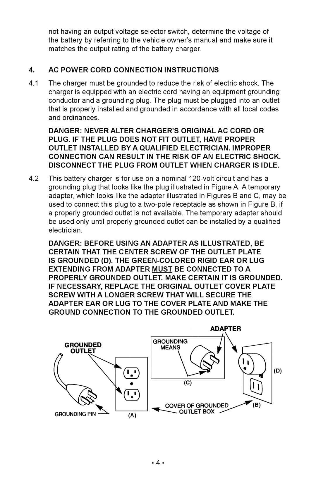 Schumacher 85-716 instruction manual AC Power Cord Connection Instructions 