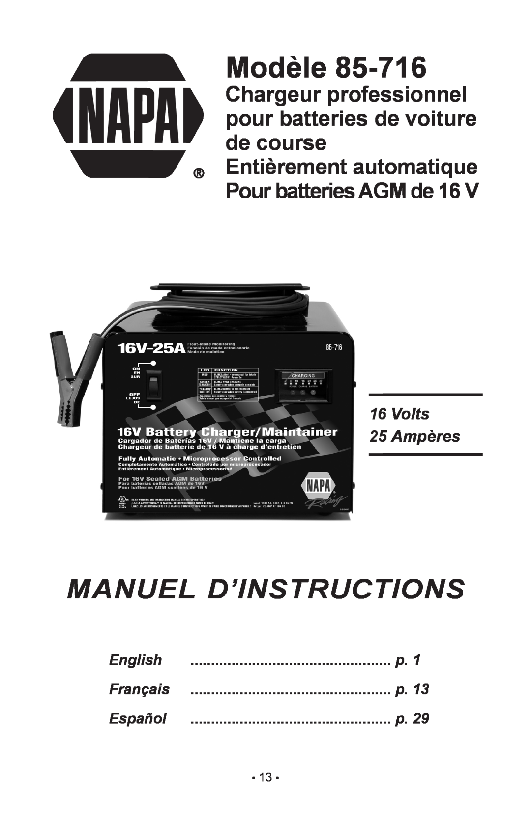 Schumacher 85-716 instruction manual Modèle, Manuel D’Instructions, Volts 25 Ampères, English, Français, Español 