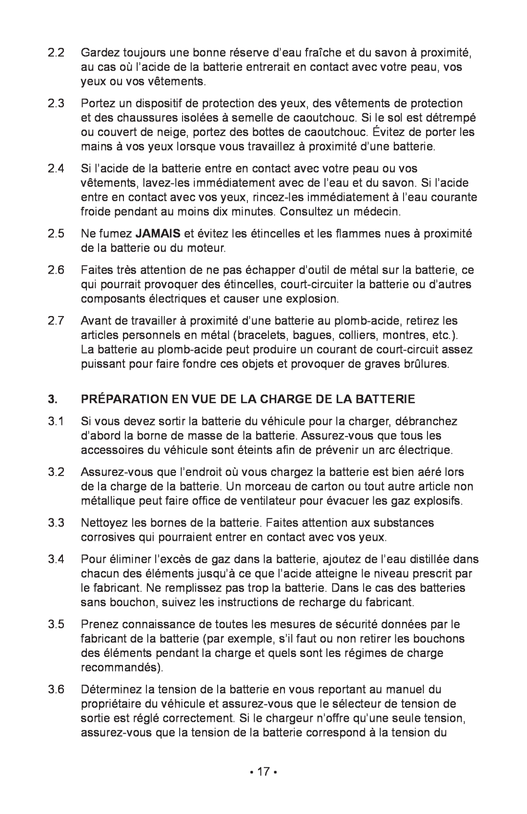 Schumacher 85-716 instruction manual 3. PRÉPARATION EN VUE DE LA CHARGE DE LA BATTERIE 