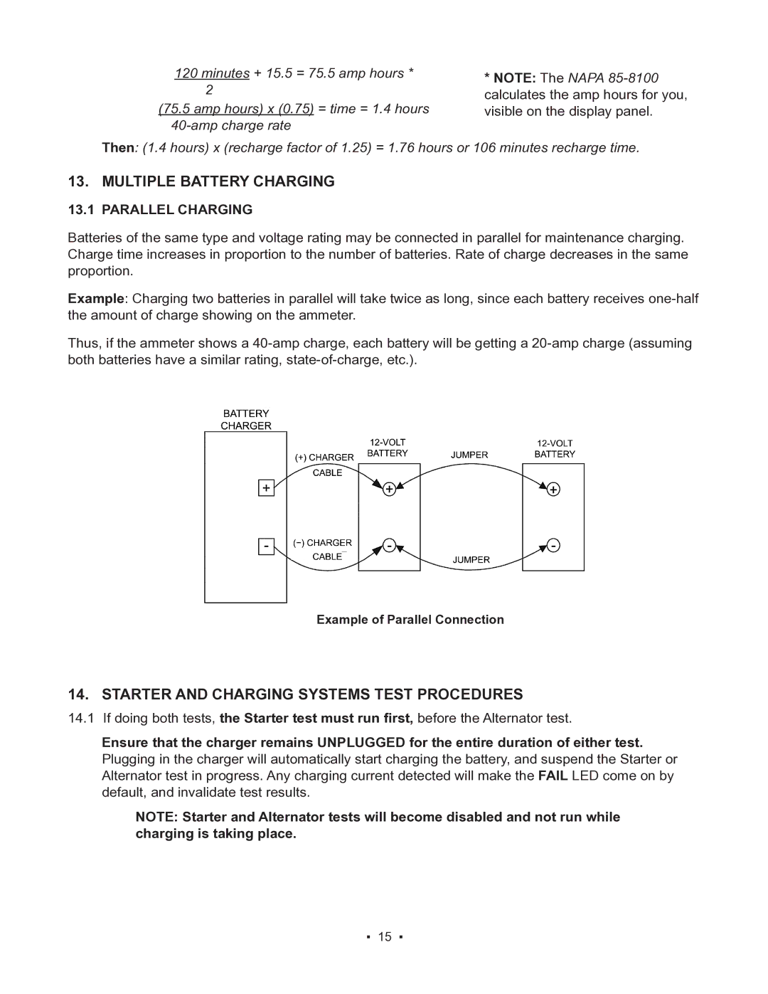 Schumacher 85-8100 Multiple Battery Charging, Starter and Charging Systems Test Procedures, Parallel Charging 