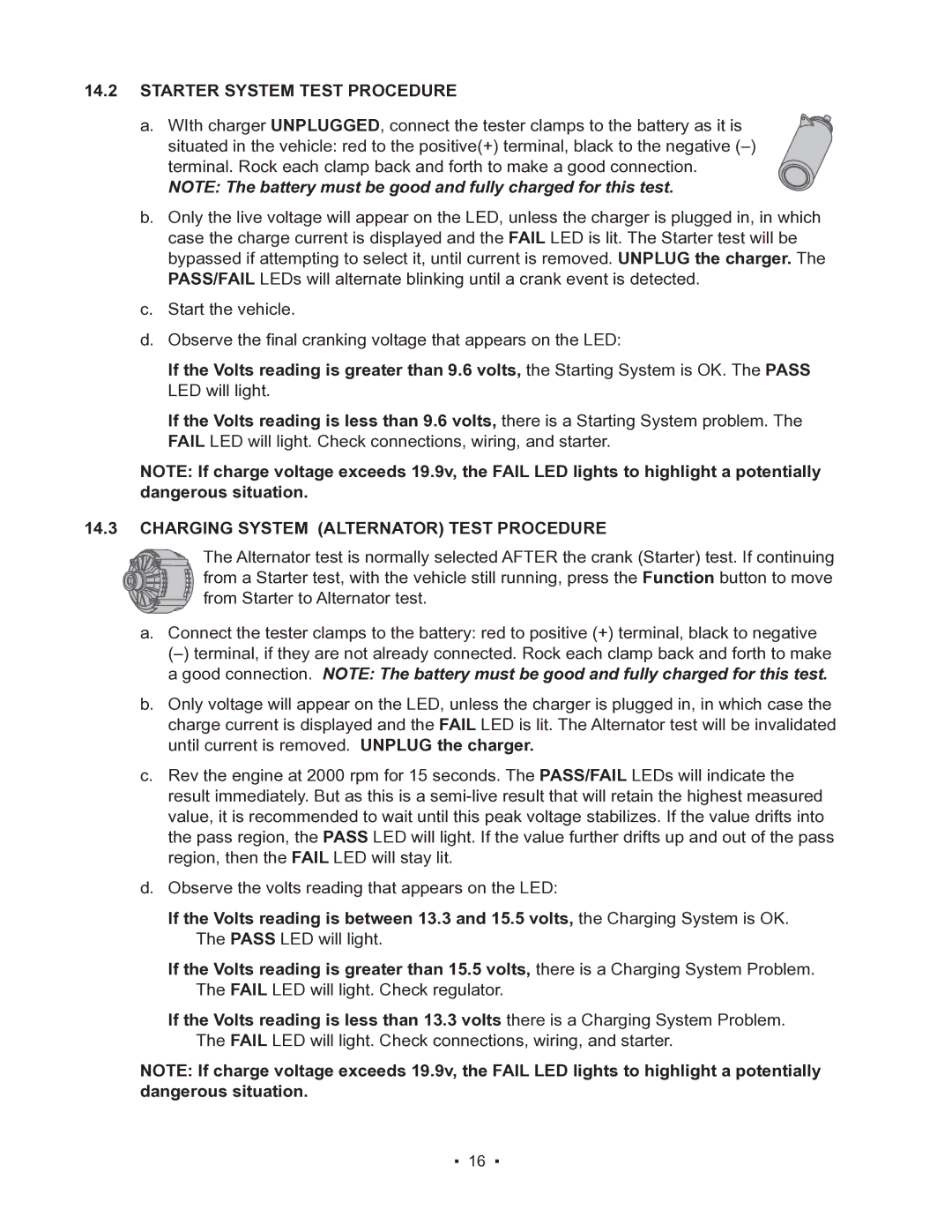 Schumacher 85-8100 instruction manual Starter System Test Procedure, Charging System Alternator Test Procedure 