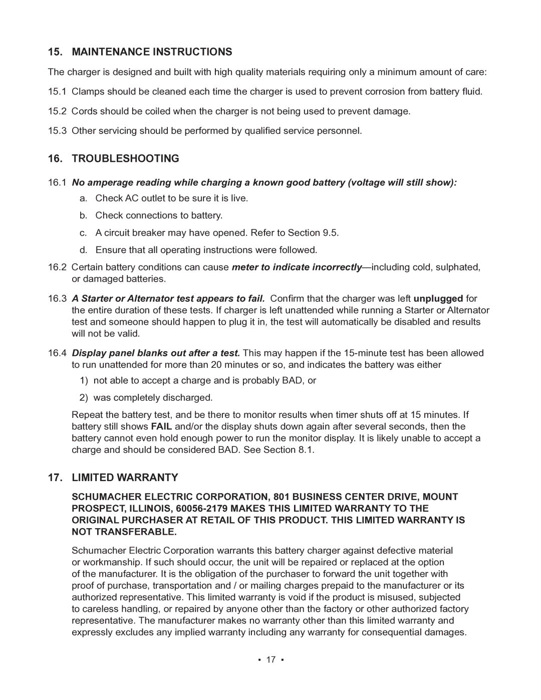 Schumacher 85-8100 instruction manual Maintenance Instructions, Troubleshooting, Limited Warranty 