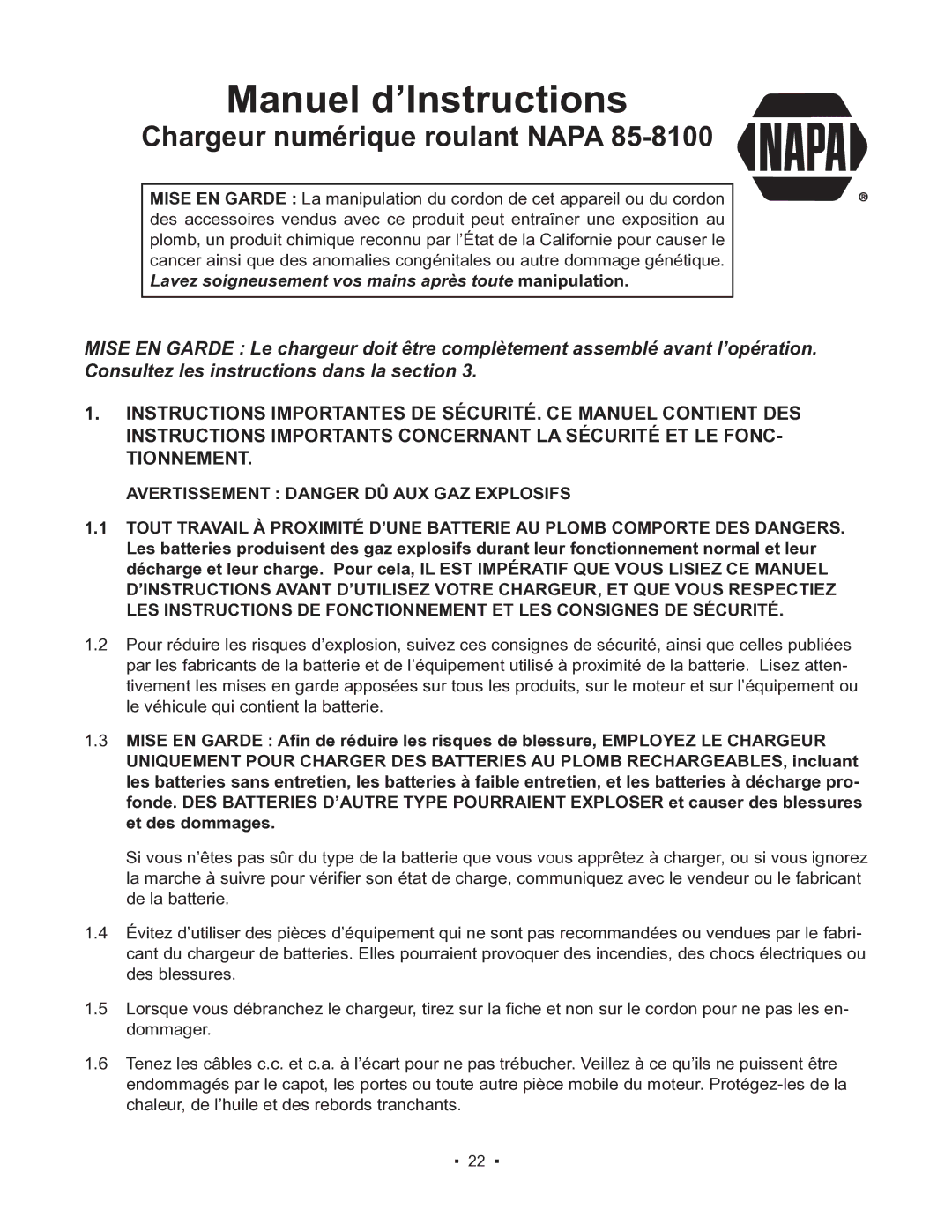 Schumacher 85-8100 instruction manual Manuel d’Instructions, Avertissement Danger DÛ AUX GAZ Explosifs 