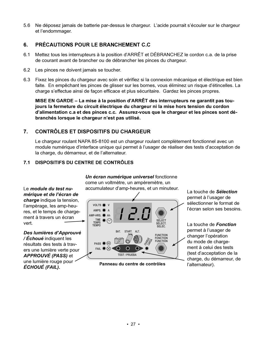 Schumacher 85-8100 instruction manual Précautions Pour LE Branchement C.C, Contrôles ET Dispositifs DU Chargeur 