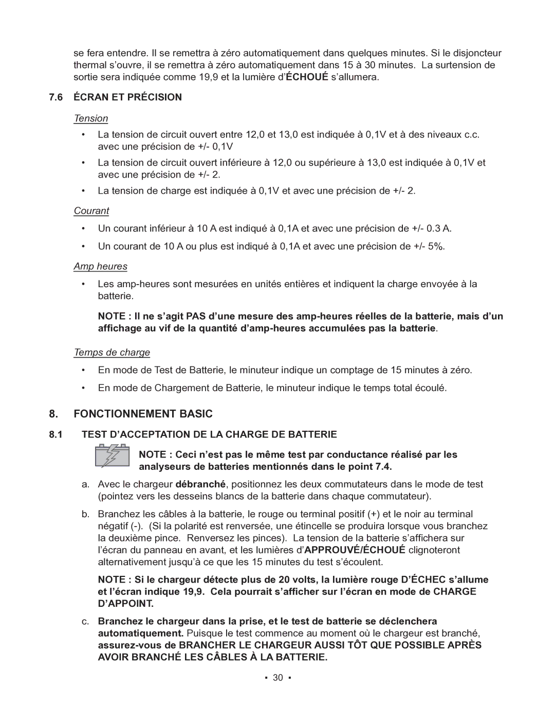 Schumacher 85-8100 instruction manual Fonctionnement Basic, Test D’ACCEPTATION DE LA Charge DE Batterie, ’Appoint 