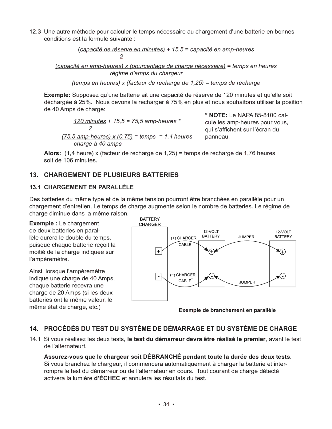 Schumacher 85-8100 instruction manual Chargement DE Plusieurs Batteries, Chargement EN Parallèle 