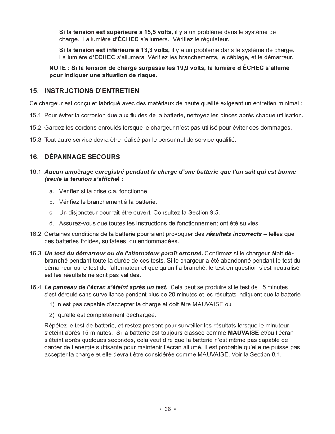 Schumacher 85-8100 instruction manual Instructions D’ENTRETIEN, 16. Dépannage Secours 