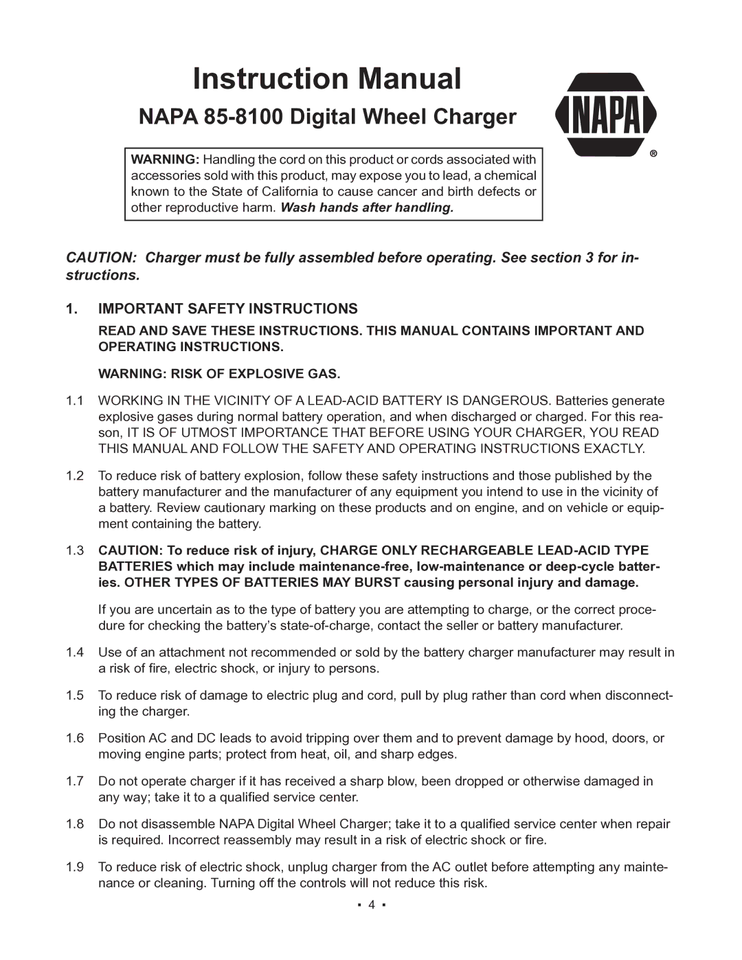 Schumacher instruction manual Napa 85-8100 Digital Wheel Charger, Important Safety Instructions 