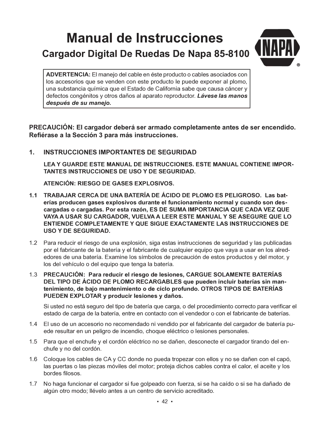 Schumacher 85-8100 instruction manual Instrucciones Importantes DE Seguridad, Atención Riesgo DE Gases Explosivos 