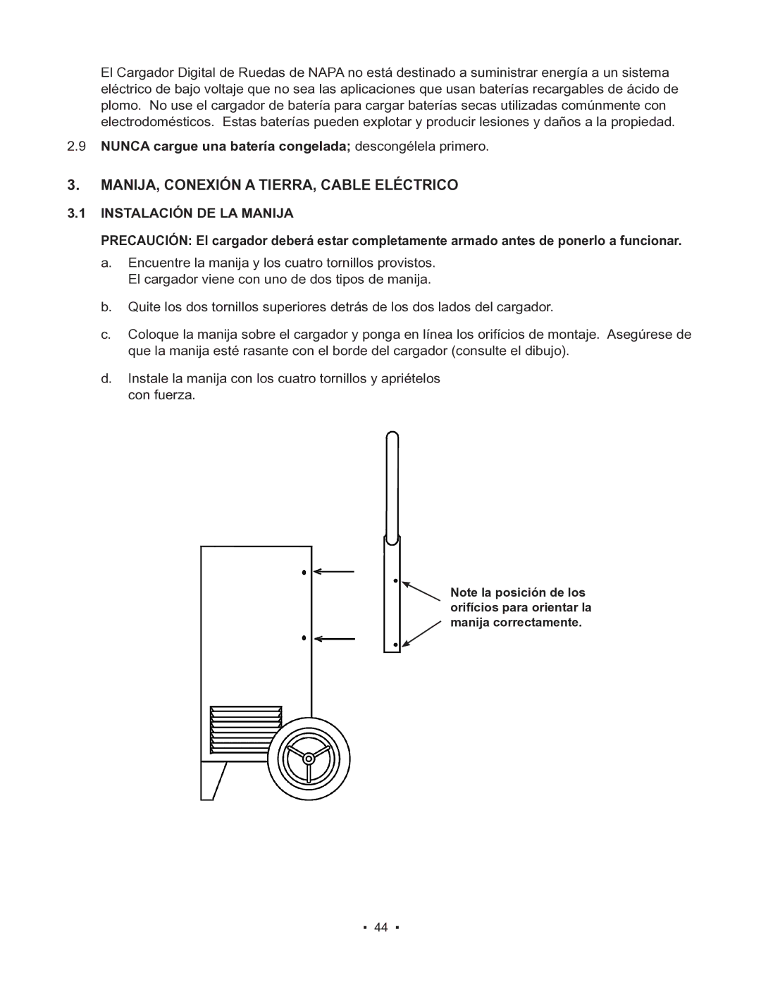 Schumacher 85-8100 instruction manual MANIJA, Conexión a TIERRA, Cable Eléctrico, Instalación DE LA Manija 