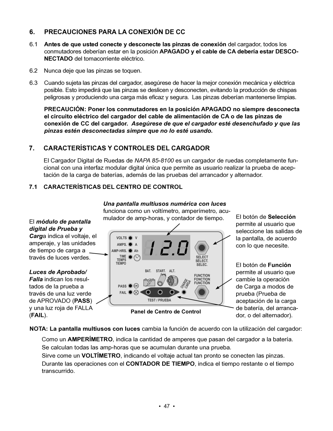 Schumacher 85-8100 instruction manual Precauciones Para LA Conexión DE CC, Características Y Controles DEL Cargador 