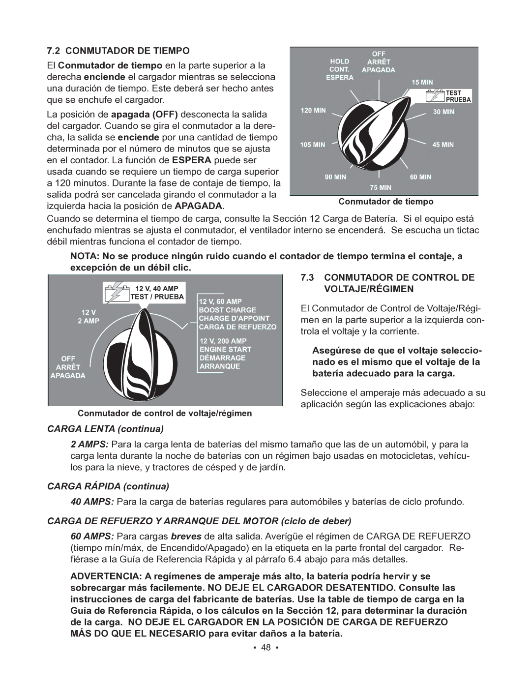 Schumacher 85-8100 instruction manual Conmutador DE Tiempo, Conmutador DE Control DE VOLTAJE/RÉGIMEN 