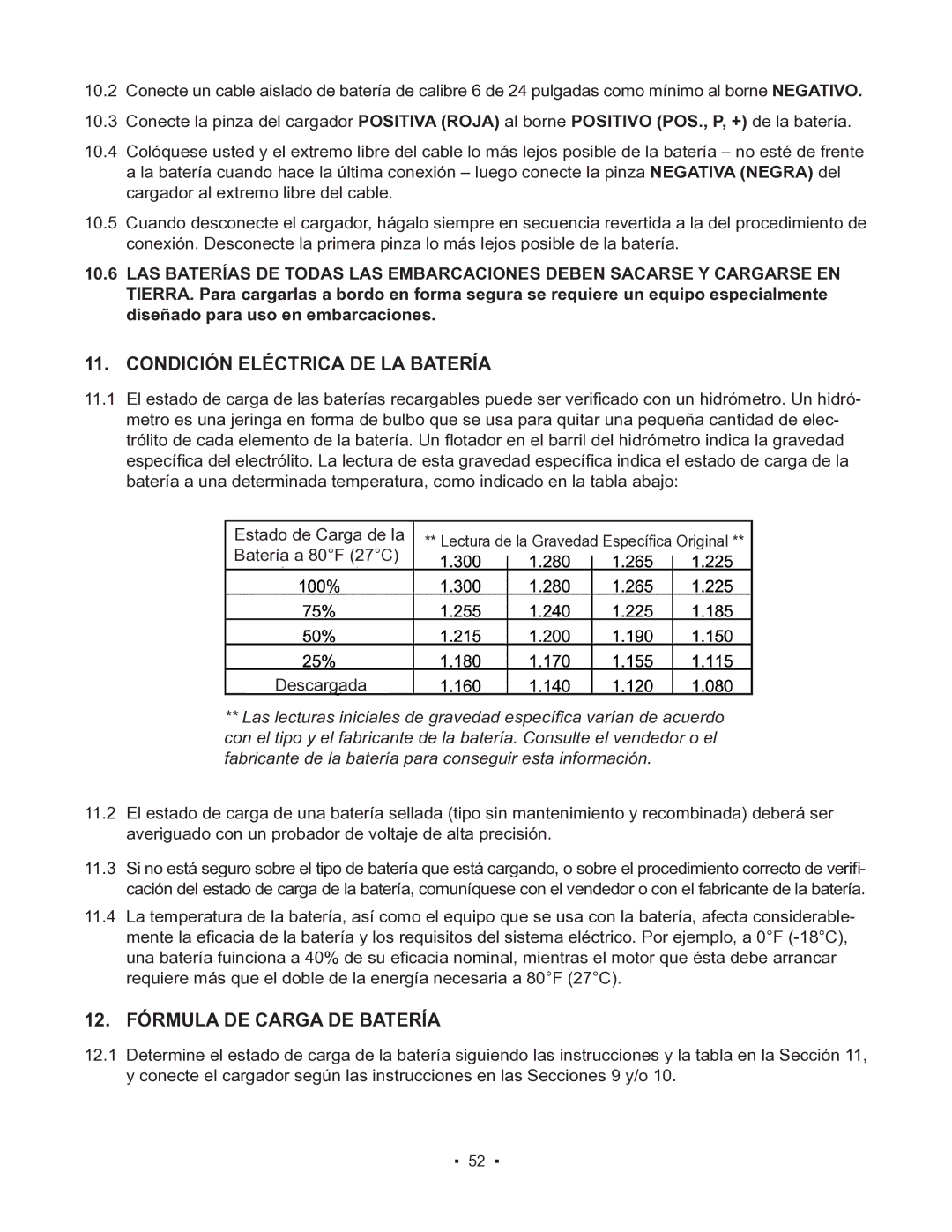 Schumacher 85-8100 instruction manual Condición Eléctrica DE LA Batería, 12. Fórmula DE Carga DE Batería 