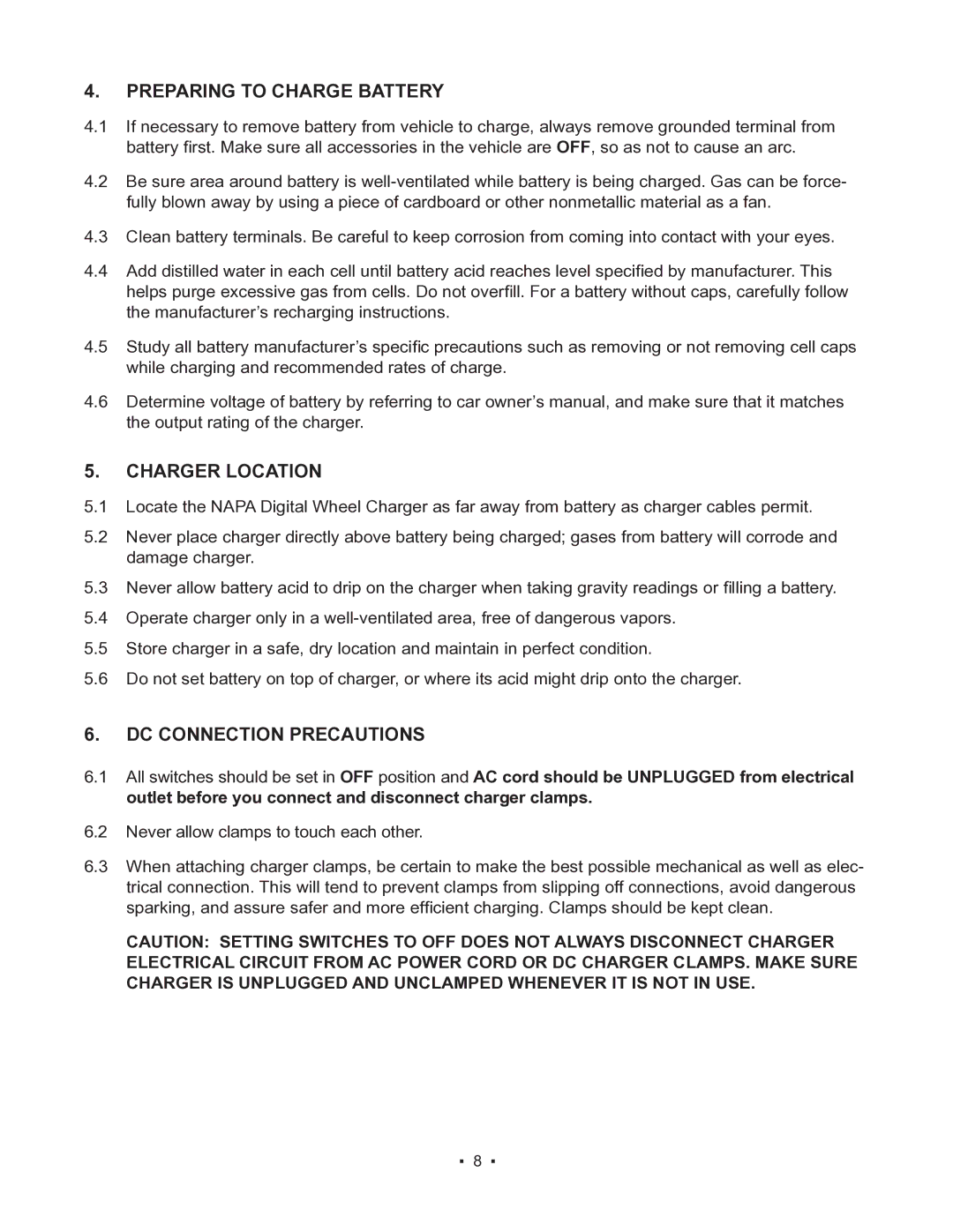 Schumacher 85-8100 instruction manual Preparing to Charge Battery, Charger Location, DC Connection Precautions 