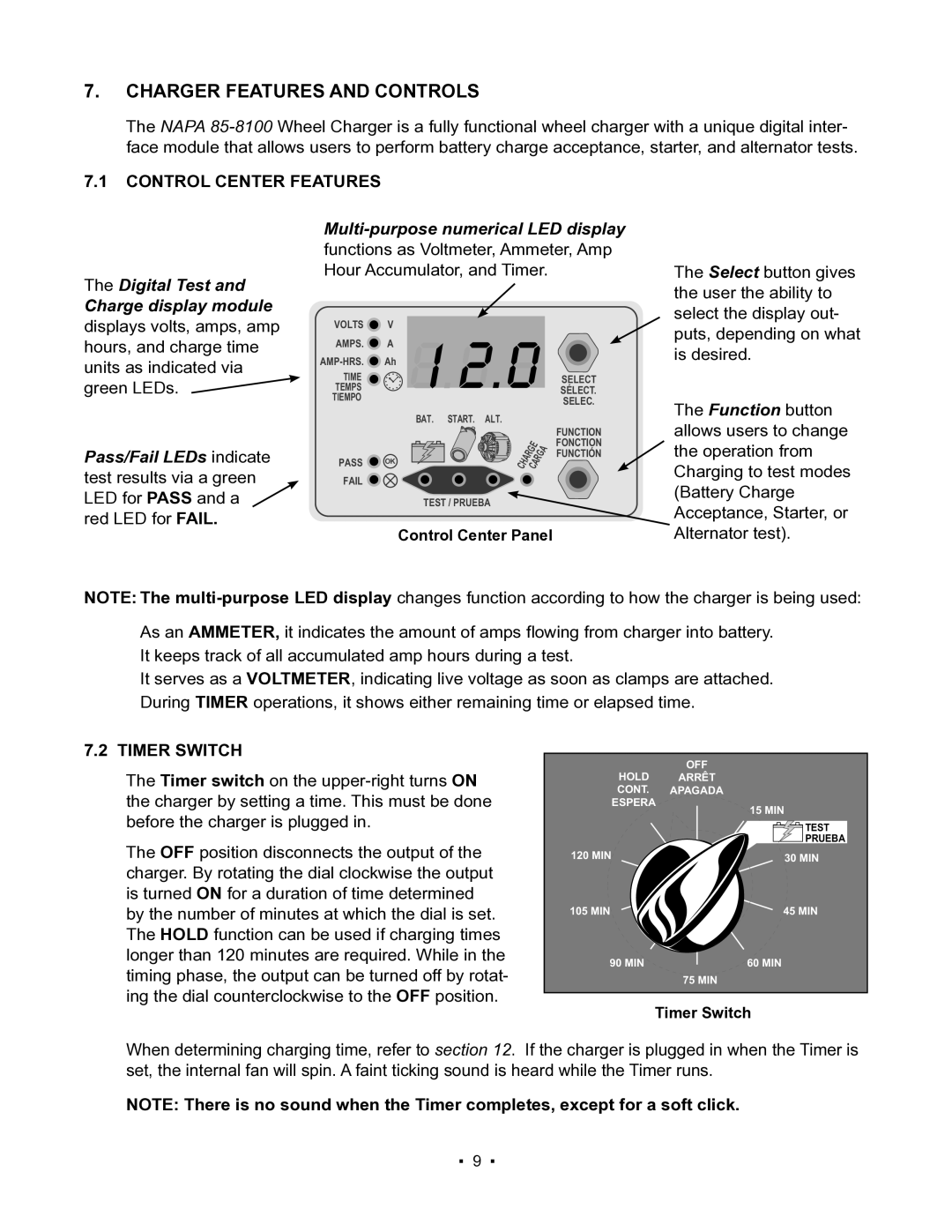 Schumacher 85-8100 instruction manual Charger Features and Controls, Control Center Features, Timer Switch 