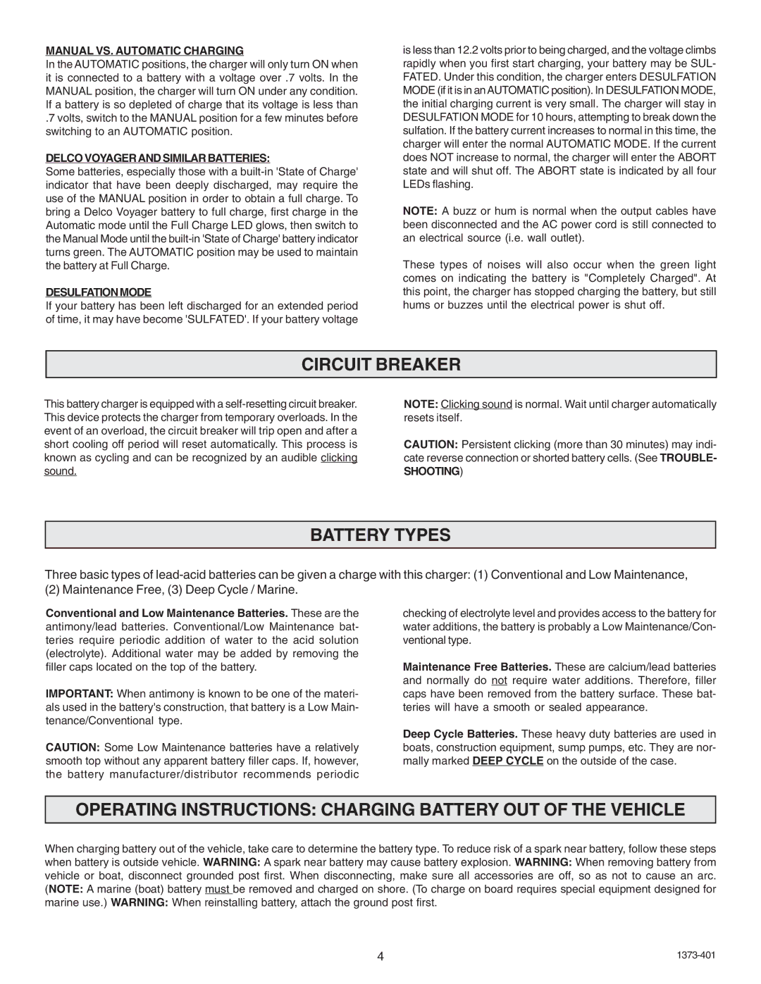 Schumacher 9275A-PE owner manual Circuit Breaker, Battery Types, Operating Instructions Charging Battery OUT of the Vehicle 