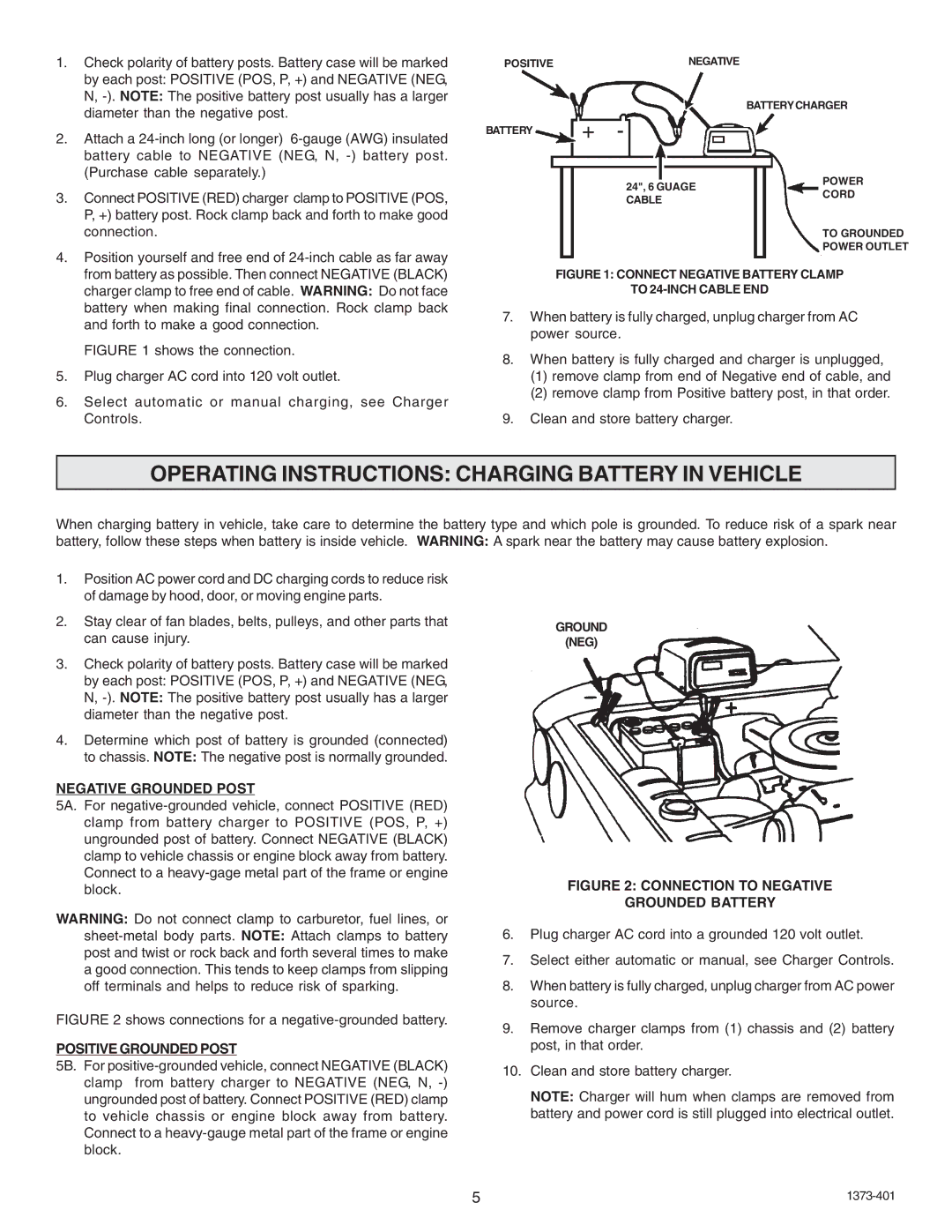 Schumacher 9275A-PE Operating Instructions Charging Battery in Vehicle, Negative Grounded Post, Positive Grounded Post 