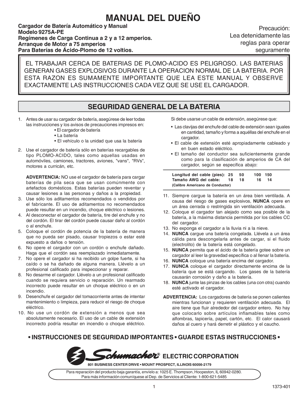 Schumacher 9275A-PE owner manual Manual DEL Dueño, Seguridad General DE LA Bateria 