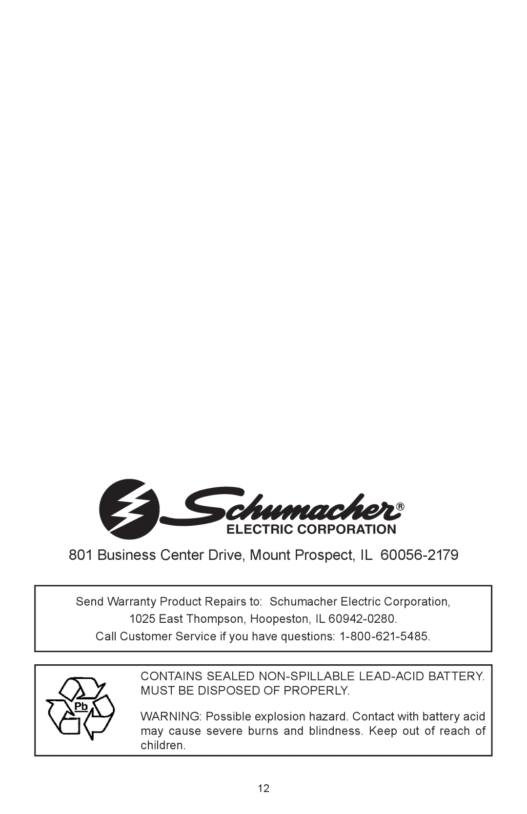 Schumacher 94026879, 00-99-000659/0606 owner manual Business Center Drive, Mount Prospect, IL 