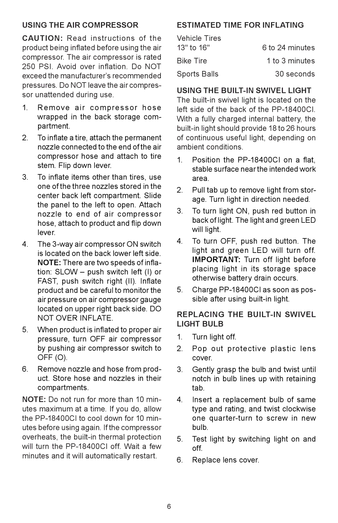 Schumacher 94026879 Using the AIR Compressor, Estimated Time for Inflating, Replacing the BUILT-IN Swivel Light Bulb 
