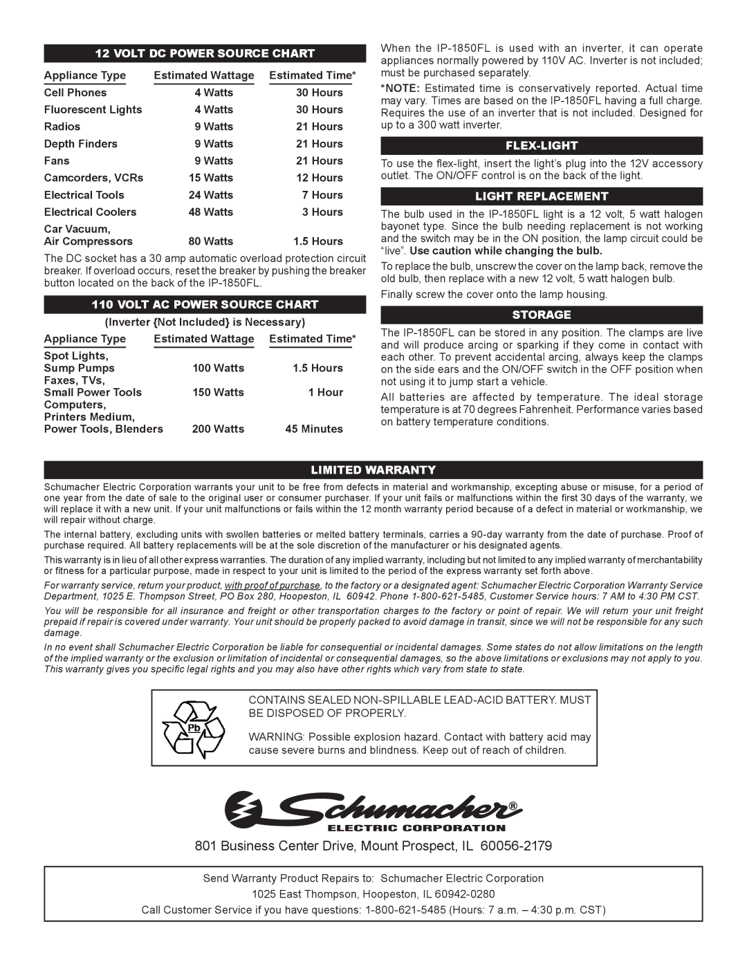 Schumacher IP-1850FL, 94026904, 00-99-000674 owner manual Storage, Limited Warranty 