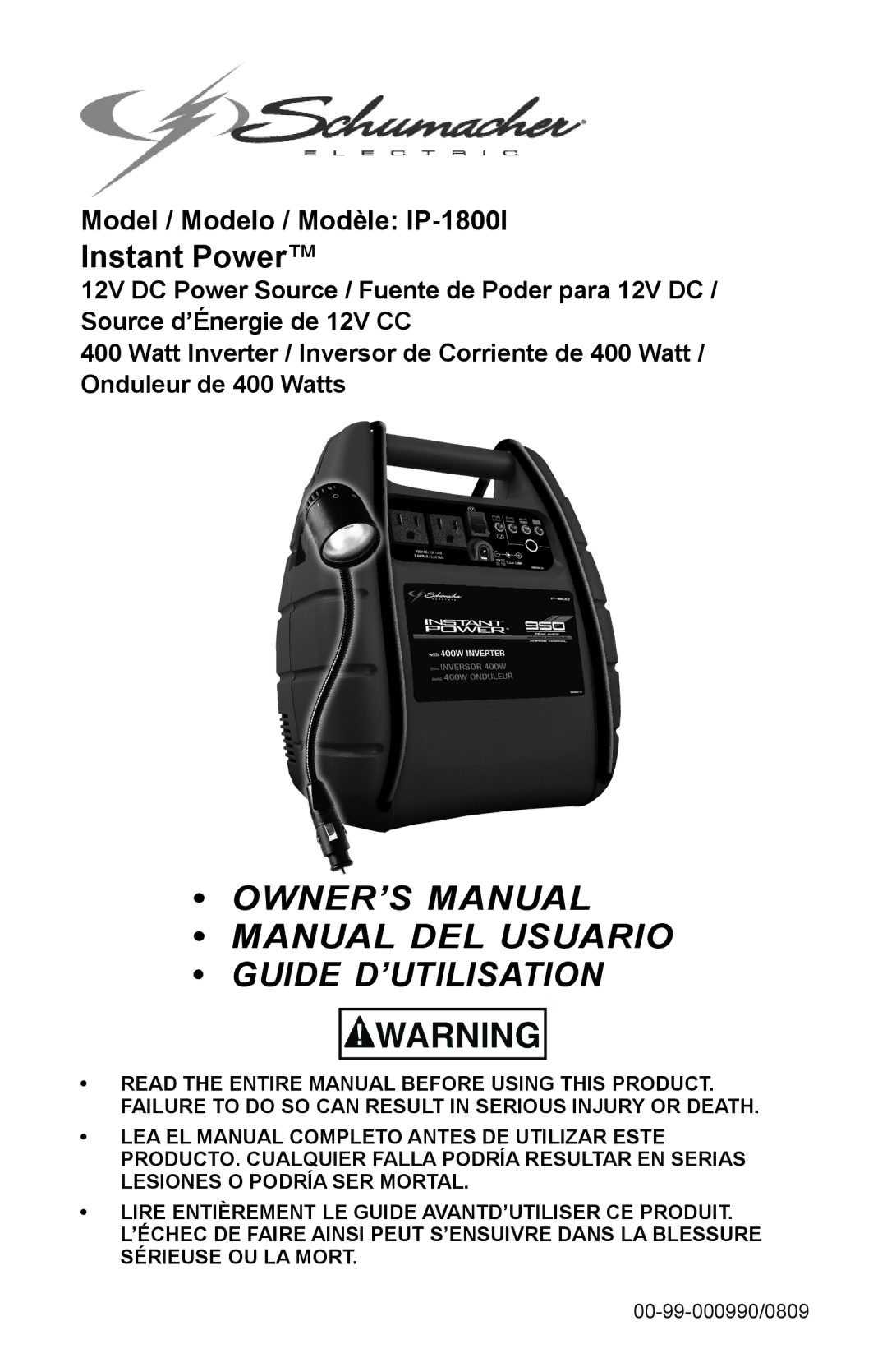 Schumacher IP-1800I, 94026936, 00-99-000990-0809 owner manual Guide D’UTILISATION 