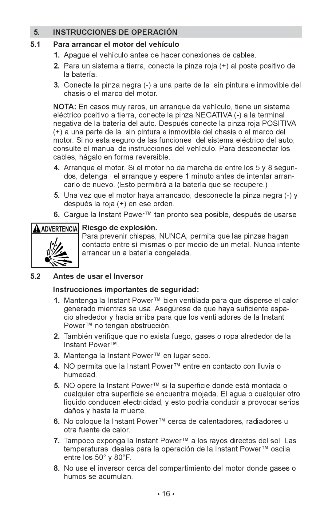 Schumacher 00-99-000990-0809 Instrucciones DE Operación, Para arrancar el motor del vehículo, Riesgo de explosión 