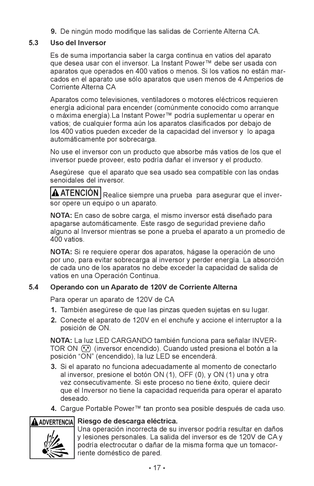 Schumacher 94026936, IP-1800I, 00-99-000990-0809 owner manual Uso del Inversor, Riesgo de descarga eléctrica 