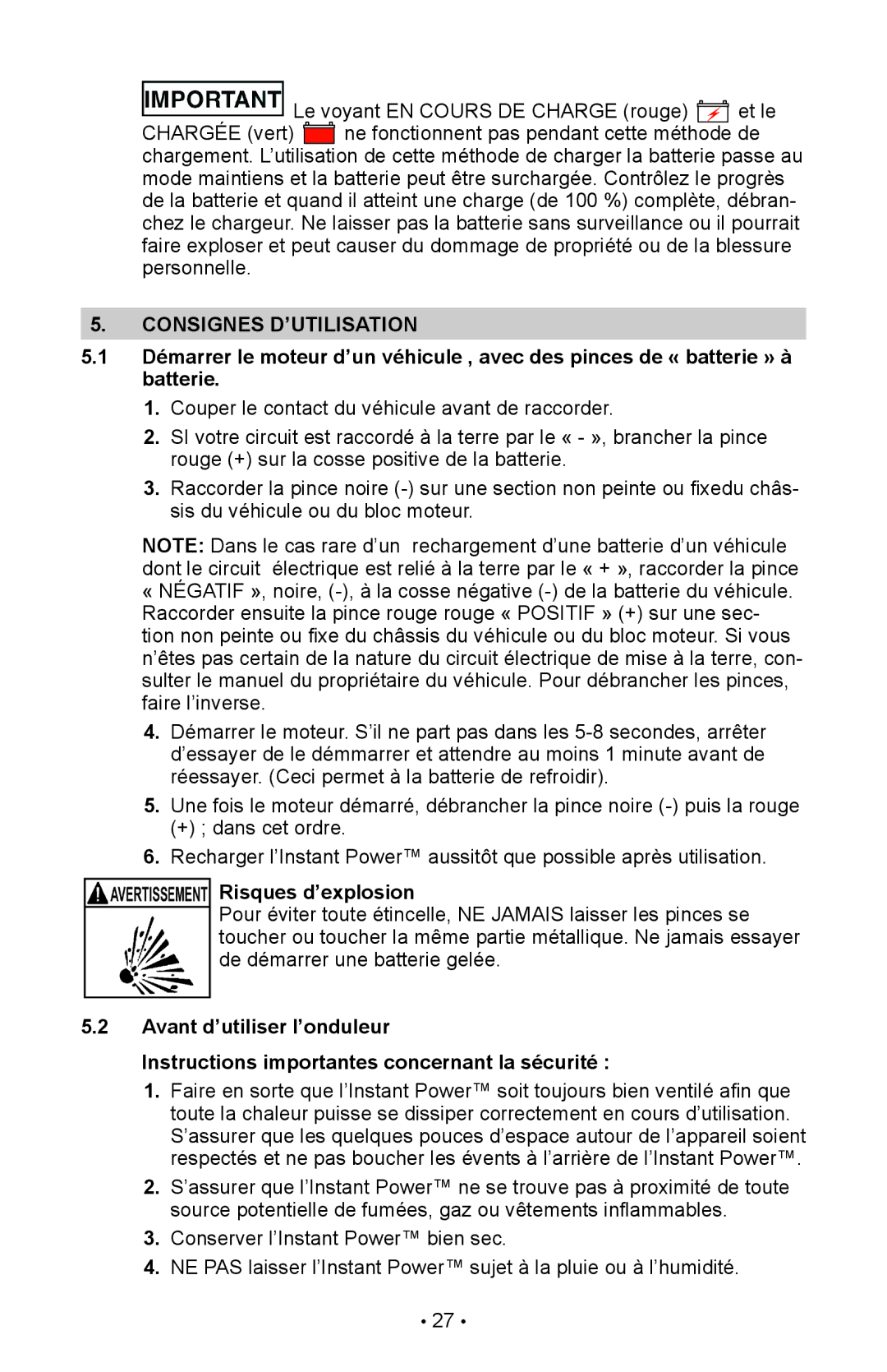 Schumacher IP-1800I, 94026936, 00-99-000990-0809 owner manual Consignes D’UTILISATION, Risques d’explosion 