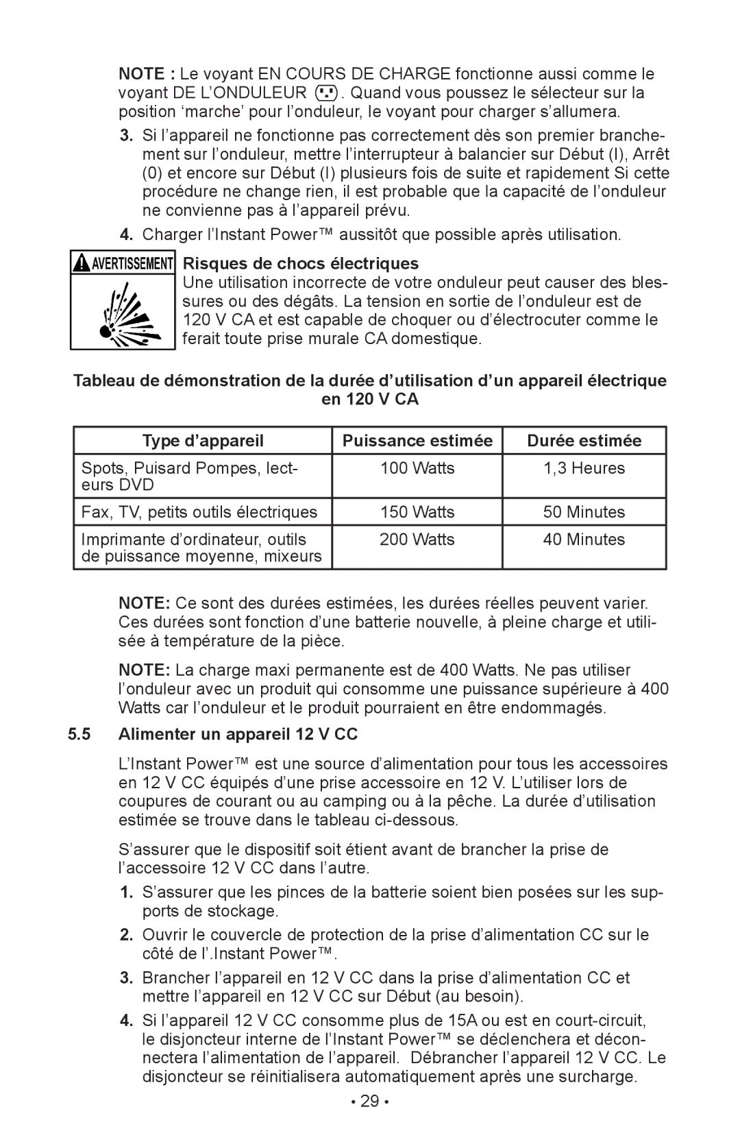 Schumacher 94026936, IP-1800I, 00-99-000990-0809 owner manual Risques de chocs électriques, Alimenter un appareil 12 V CC 