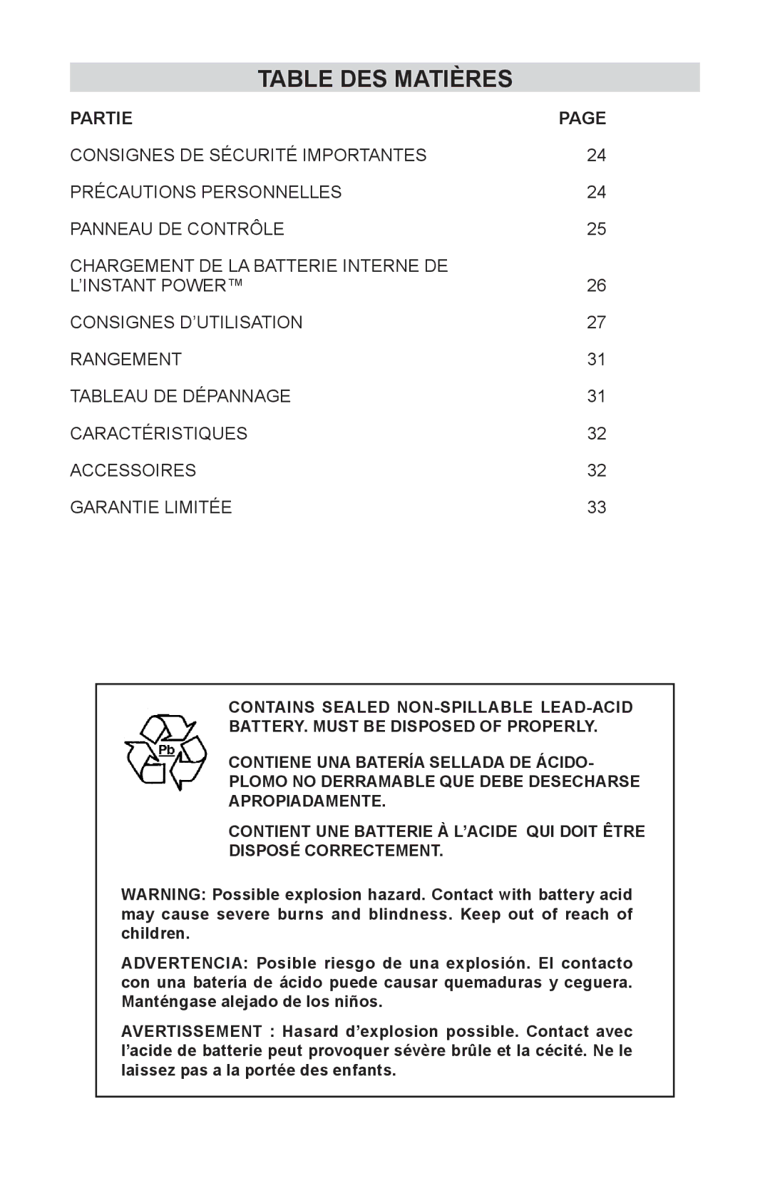 Schumacher IP-1800I, 94026936, 00-99-000990-0809 owner manual Table DES Matières, Partie 