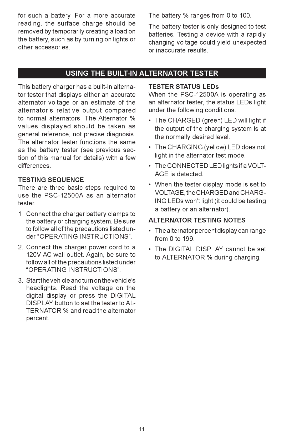 Schumacher 94080027, 00-99-000742 owner manual Using the built-in alternator tester, Alternator Testing Notes 