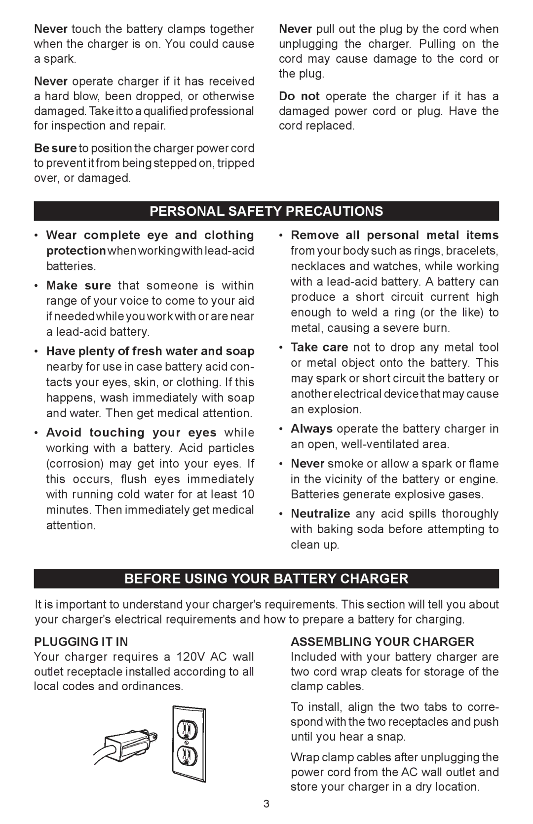 Schumacher 94080027, 00-99-000742 owner manual Personal Safety Precautions, Before Using Your Battery Charger, Plugging IT 