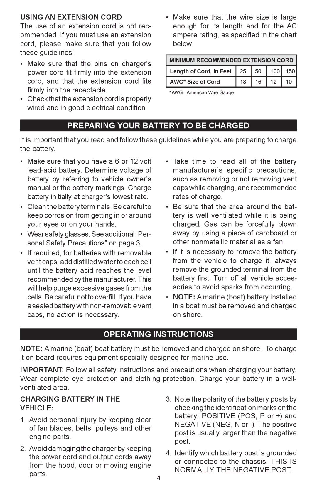 Schumacher 00-99-000742, 94080027 Preparing your battery to be charged, Operating instructions, Using an extension cord 